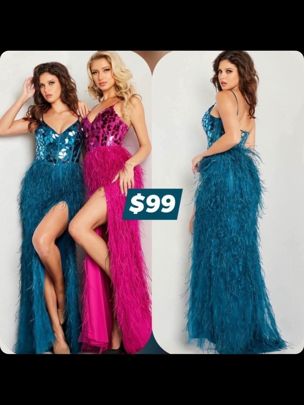 Jovani Teal Sequin Feather Column Gown